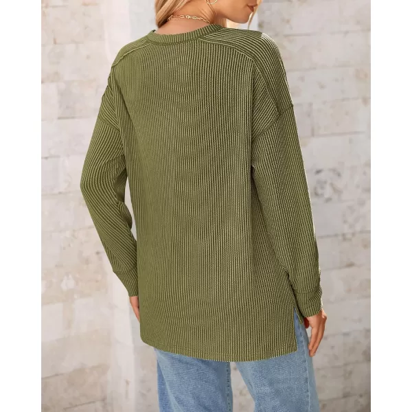 BTFBM Womens Casual Pullover Tops Dressy Fall Clothes Crew Neck Long Sleeve Side Slit Loose Drop Shoulder Knit BlouseArmy Green