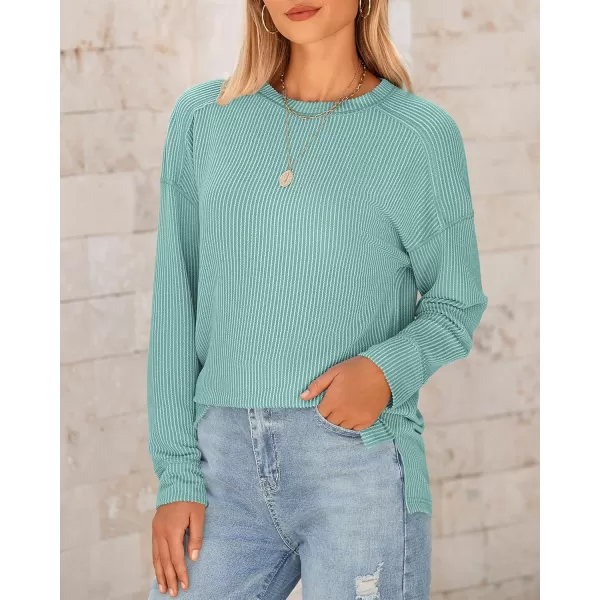 BTFBM Womens Casual Pullover Tops Dressy Fall Clothes Crew Neck Long Sleeve Side Slit Loose Drop Shoulder Knit BlouseBean Green