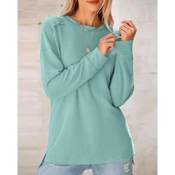 BTFBM Womens Casual Pullover Tops Dressy Fall Clothes Crew Neck Long Sleeve Side Slit Loose Drop Shoulder Knit BlouseBean Green