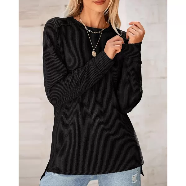 BTFBM Womens Casual Pullover Tops Dressy Fall Clothes Crew Neck Long Sleeve Side Slit Loose Drop Shoulder Knit BlouseBlack