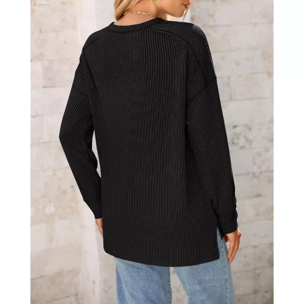 BTFBM Womens Casual Pullover Tops Dressy Fall Clothes Crew Neck Long Sleeve Side Slit Loose Drop Shoulder Knit BlouseBlack