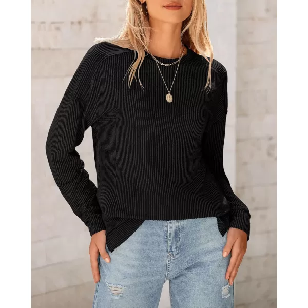 BTFBM Womens Casual Pullover Tops Dressy Fall Clothes Crew Neck Long Sleeve Side Slit Loose Drop Shoulder Knit BlouseBlack