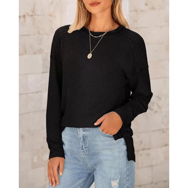 BTFBM Womens Casual Pullover Tops Dressy Fall Clothes Crew Neck Long Sleeve Side Slit Loose Drop Shoulder Knit BlouseBlack