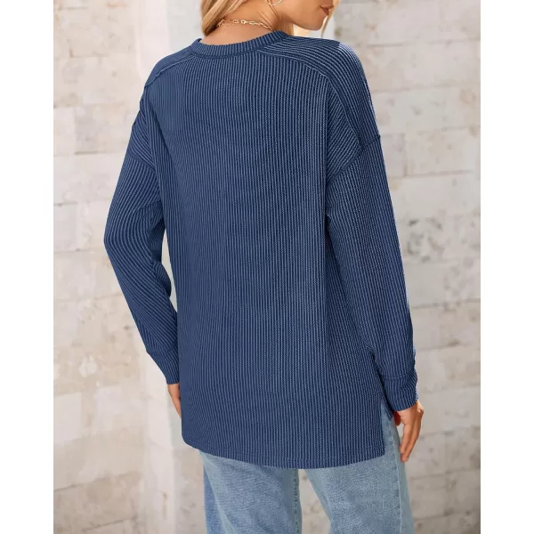 BTFBM Womens Casual Pullover Tops Dressy Fall Clothes Crew Neck Long Sleeve Side Slit Loose Drop Shoulder Knit BlouseDark Blue
