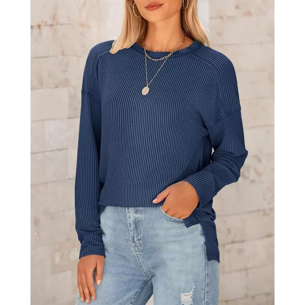BTFBM Womens Casual Pullover Tops Dressy Fall Clothes Crew Neck Long Sleeve Side Slit Loose Drop Shoulder Knit BlouseDark Blue