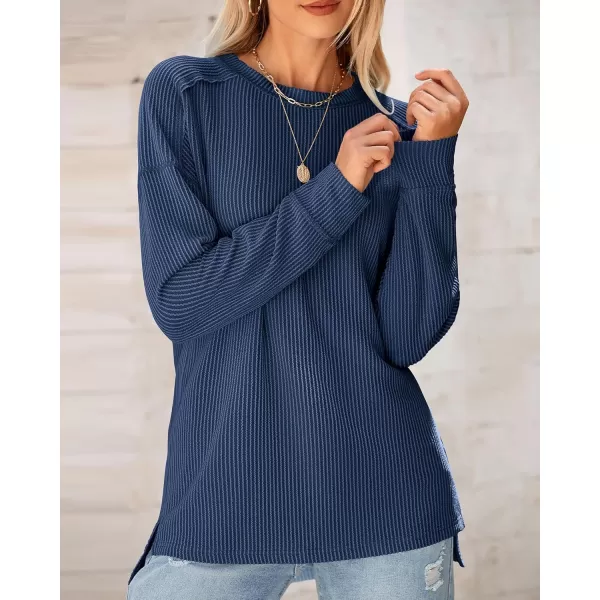 BTFBM Womens Casual Pullover Tops Dressy Fall Clothes Crew Neck Long Sleeve Side Slit Loose Drop Shoulder Knit BlouseDark Blue