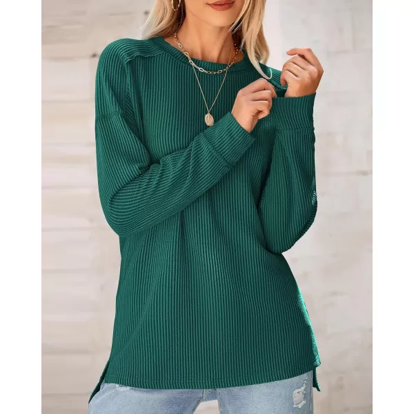 BTFBM Womens Casual Pullover Tops Dressy Fall Clothes Crew Neck Long Sleeve Side Slit Loose Drop Shoulder Knit BlouseDark Green