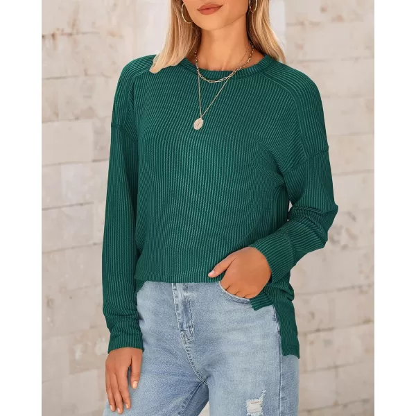 BTFBM Womens Casual Pullover Tops Dressy Fall Clothes Crew Neck Long Sleeve Side Slit Loose Drop Shoulder Knit BlouseDark Green