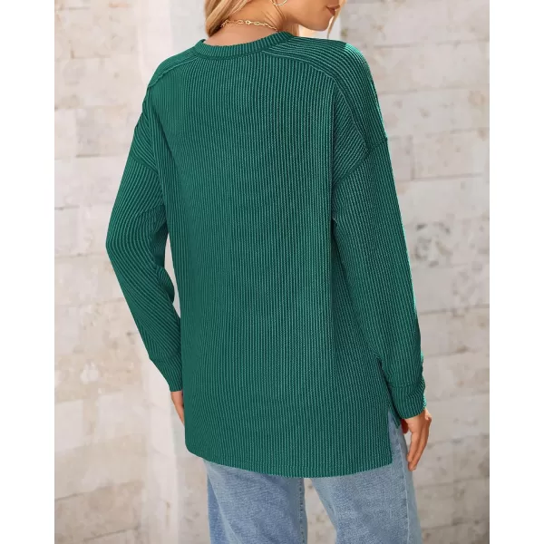 BTFBM Womens Casual Pullover Tops Dressy Fall Clothes Crew Neck Long Sleeve Side Slit Loose Drop Shoulder Knit BlouseDark Green