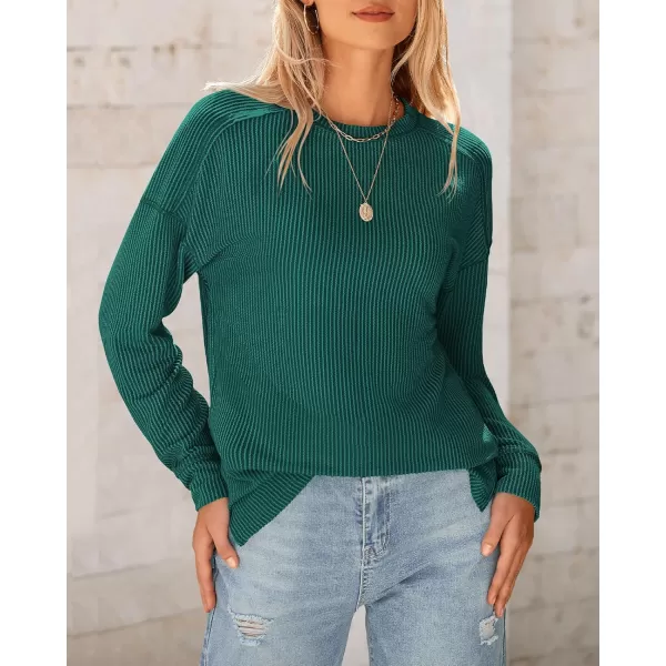 BTFBM Womens Casual Pullover Tops Dressy Fall Clothes Crew Neck Long Sleeve Side Slit Loose Drop Shoulder Knit BlouseDark Green
