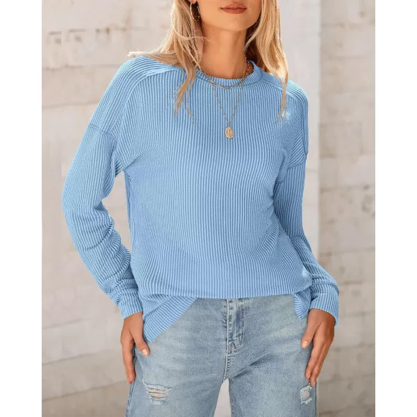 BTFBM Womens Casual Pullover Tops Dressy Fall Clothes Crew Neck Long Sleeve Side Slit Loose Drop Shoulder Knit BlouseLight Blue