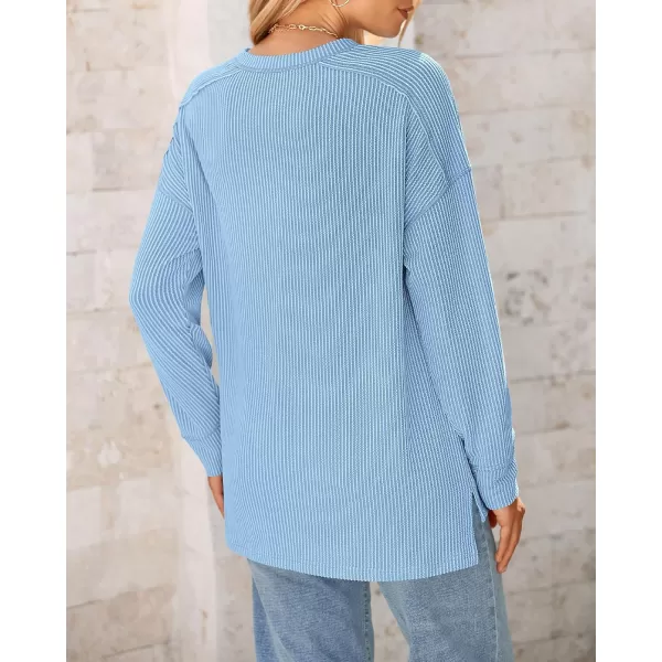 BTFBM Womens Casual Pullover Tops Dressy Fall Clothes Crew Neck Long Sleeve Side Slit Loose Drop Shoulder Knit BlouseLight Blue
