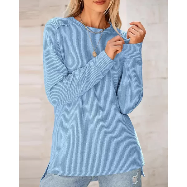 BTFBM Womens Casual Pullover Tops Dressy Fall Clothes Crew Neck Long Sleeve Side Slit Loose Drop Shoulder Knit BlouseLight Blue