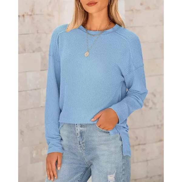 BTFBM Womens Casual Pullover Tops Dressy Fall Clothes Crew Neck Long Sleeve Side Slit Loose Drop Shoulder Knit BlouseLight Blue