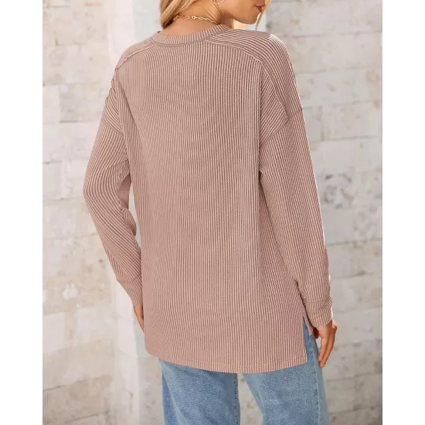 BTFBM Womens Casual Pullover Tops Dressy Fall Clothes Crew Neck Long Sleeve Side Slit Loose Drop Shoulder Knit BlouseLight Khaki