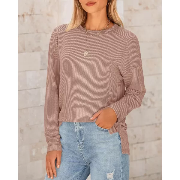 BTFBM Womens Casual Pullover Tops Dressy Fall Clothes Crew Neck Long Sleeve Side Slit Loose Drop Shoulder Knit BlouseLight Khaki