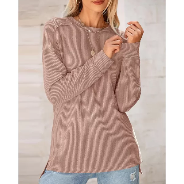 BTFBM Womens Casual Pullover Tops Dressy Fall Clothes Crew Neck Long Sleeve Side Slit Loose Drop Shoulder Knit BlouseLight Khaki