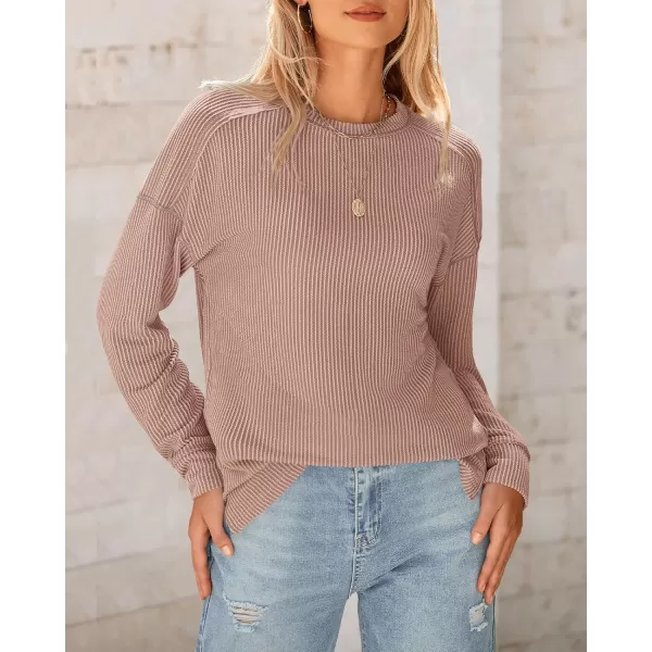 BTFBM Womens Casual Pullover Tops Dressy Fall Clothes Crew Neck Long Sleeve Side Slit Loose Drop Shoulder Knit BlouseLight Khaki