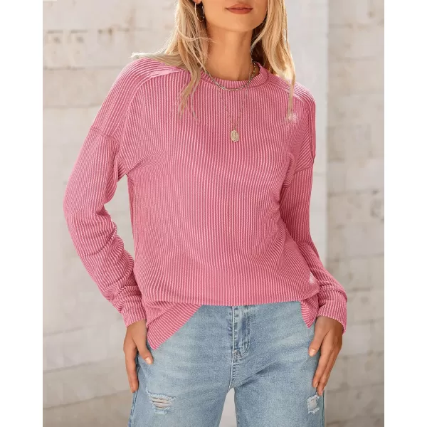 BTFBM Womens Casual Pullover Tops Dressy Fall Clothes Crew Neck Long Sleeve Side Slit Loose Drop Shoulder Knit BlousePink