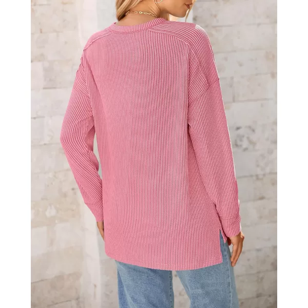 BTFBM Womens Casual Pullover Tops Dressy Fall Clothes Crew Neck Long Sleeve Side Slit Loose Drop Shoulder Knit BlousePink