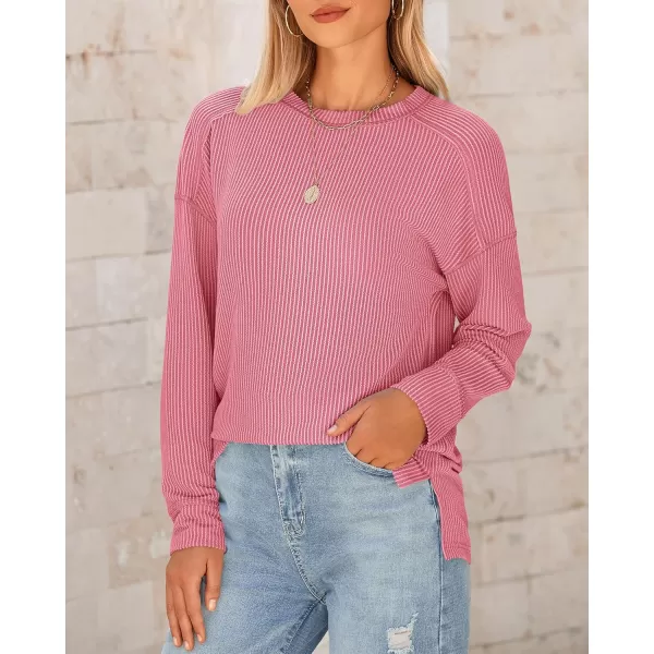 BTFBM Womens Casual Pullover Tops Dressy Fall Clothes Crew Neck Long Sleeve Side Slit Loose Drop Shoulder Knit BlousePink