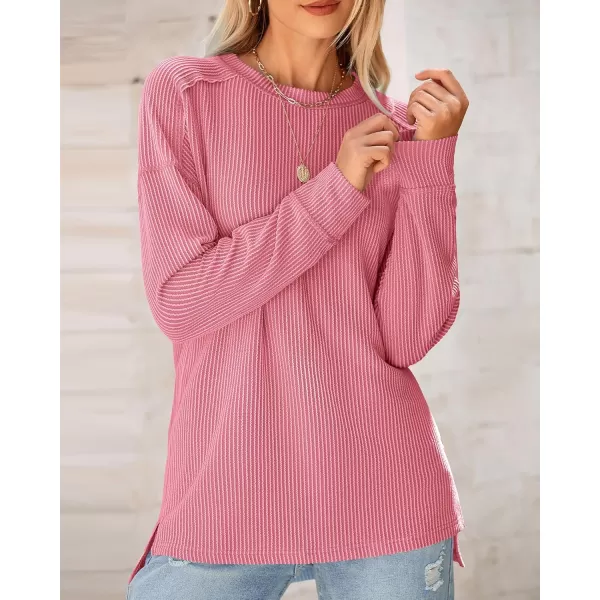 BTFBM Womens Casual Pullover Tops Dressy Fall Clothes Crew Neck Long Sleeve Side Slit Loose Drop Shoulder Knit BlousePink