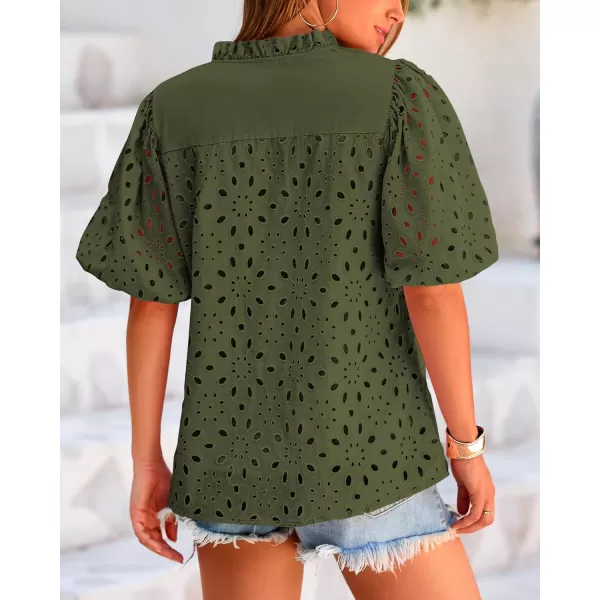 BTFBM Womens Casual Summer Blouse Tops Hollow Out Eyelet Embroidery V Neck Buttons Puff Short Sleeve Dressy Boho ShirtSolid Army Green