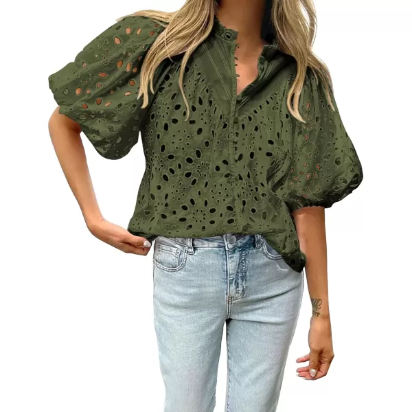BTFBM Womens Casual Summer Blouse Tops Hollow Out Eyelet Embroidery V Neck Buttons Puff Short Sleeve Dressy Boho ShirtSolid Army Green