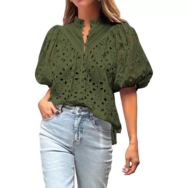 BTFBM Womens Casual Summer Blouse Tops Hollow Out Eyelet Embroidery V Neck Buttons Puff Short Sleeve Dressy Boho ShirtSolid Army Green