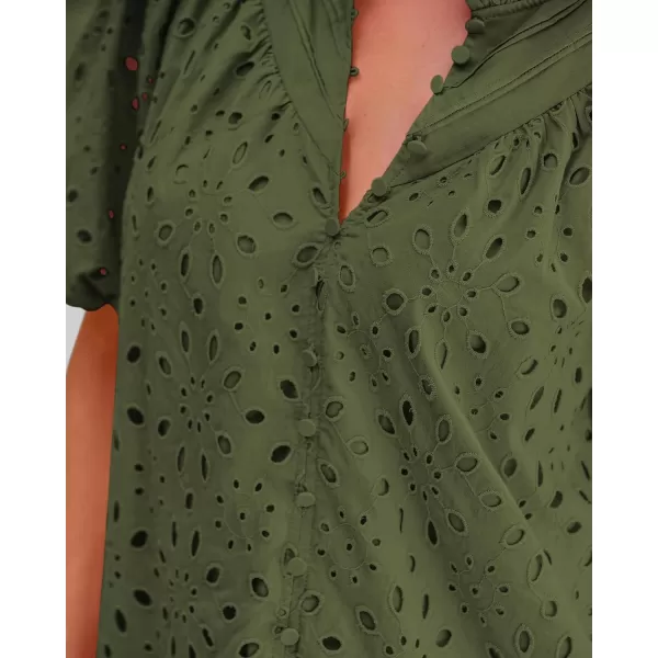 BTFBM Womens Casual Summer Blouse Tops Hollow Out Eyelet Embroidery V Neck Buttons Puff Short Sleeve Dressy Boho ShirtSolid Army Green