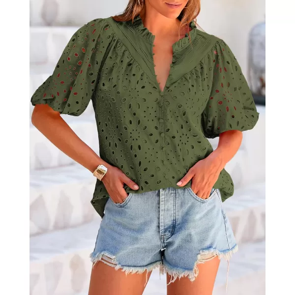 BTFBM Womens Casual Summer Blouse Tops Hollow Out Eyelet Embroidery V Neck Buttons Puff Short Sleeve Dressy Boho ShirtSolid Army Green