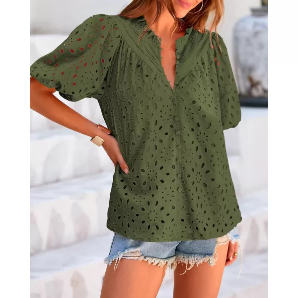 BTFBM Womens Casual Summer Blouse Tops Hollow Out Eyelet Embroidery V Neck Buttons Puff Short Sleeve Dressy Boho ShirtSolid Army Green