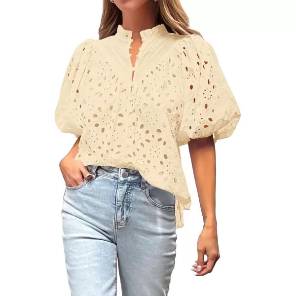 BTFBM Womens Casual Summer Blouse Tops Hollow Out Eyelet Embroidery V Neck Buttons Puff Short Sleeve Dressy Boho ShirtSolid Beige