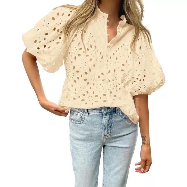 BTFBM Womens Casual Summer Blouse Tops Hollow Out Eyelet Embroidery V Neck Buttons Puff Short Sleeve Dressy Boho ShirtSolid Beige