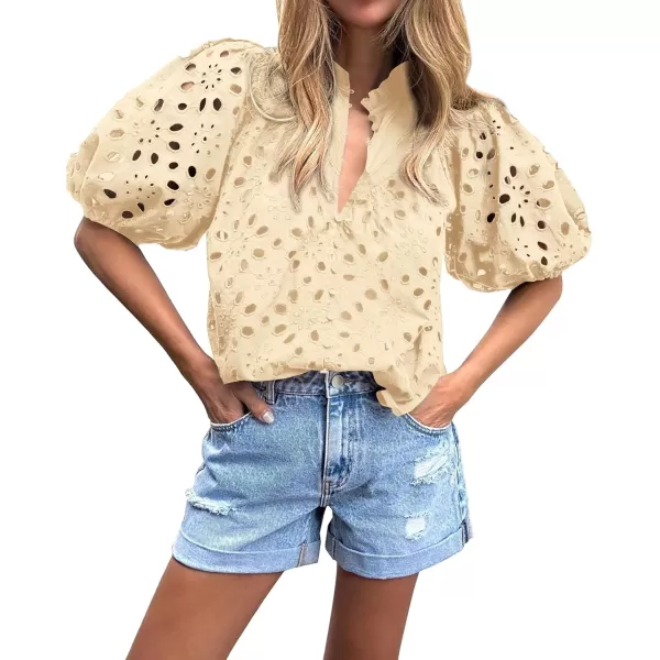 BTFBM Womens Casual Summer Blouse Tops Hollow Out Eyelet Embroidery V Neck Buttons Puff Short Sleeve Dressy Boho ShirtSolid Beige