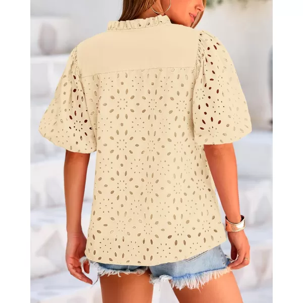 BTFBM Womens Casual Summer Blouse Tops Hollow Out Eyelet Embroidery V Neck Buttons Puff Short Sleeve Dressy Boho ShirtSolid Beige