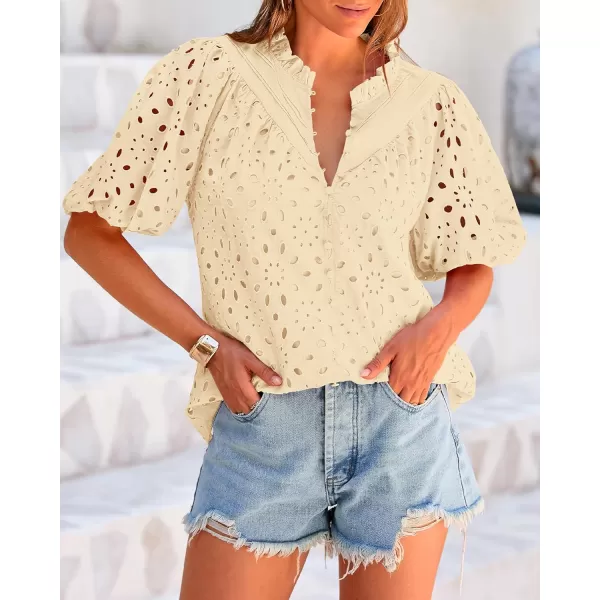 BTFBM Womens Casual Summer Blouse Tops Hollow Out Eyelet Embroidery V Neck Buttons Puff Short Sleeve Dressy Boho ShirtSolid Beige
