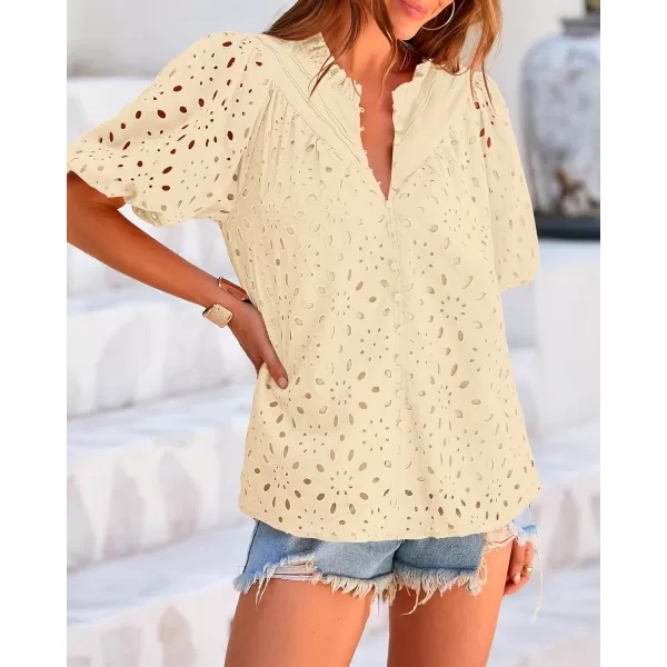 BTFBM Womens Casual Summer Blouse Tops Hollow Out Eyelet Embroidery V Neck Buttons Puff Short Sleeve Dressy Boho ShirtSolid Beige