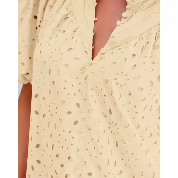 BTFBM Womens Casual Summer Blouse Tops Hollow Out Eyelet Embroidery V Neck Buttons Puff Short Sleeve Dressy Boho ShirtSolid Beige