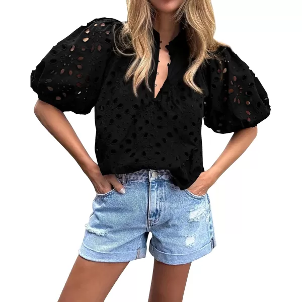 BTFBM Womens Casual Summer Blouse Tops Hollow Out Eyelet Embroidery V Neck Buttons Puff Short Sleeve Dressy Boho ShirtSolid Black
