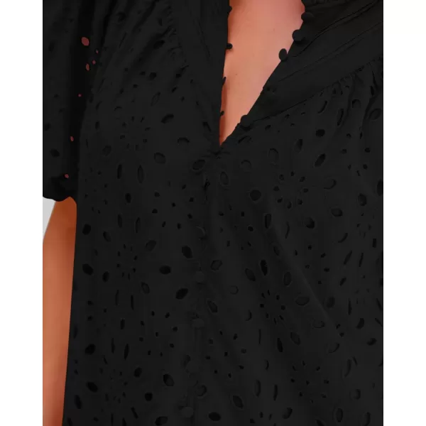 BTFBM Womens Casual Summer Blouse Tops Hollow Out Eyelet Embroidery V Neck Buttons Puff Short Sleeve Dressy Boho ShirtSolid Black