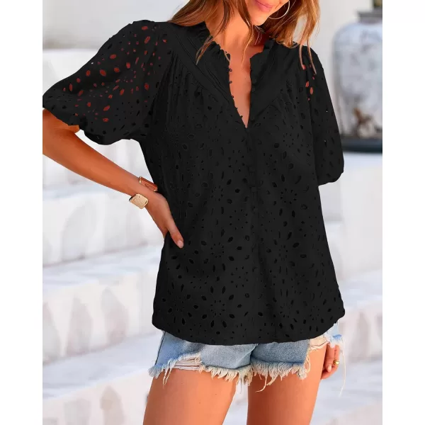 BTFBM Womens Casual Summer Blouse Tops Hollow Out Eyelet Embroidery V Neck Buttons Puff Short Sleeve Dressy Boho ShirtSolid Black
