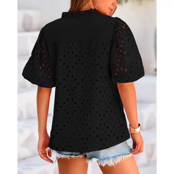 BTFBM Womens Casual Summer Blouse Tops Hollow Out Eyelet Embroidery V Neck Buttons Puff Short Sleeve Dressy Boho ShirtSolid Black