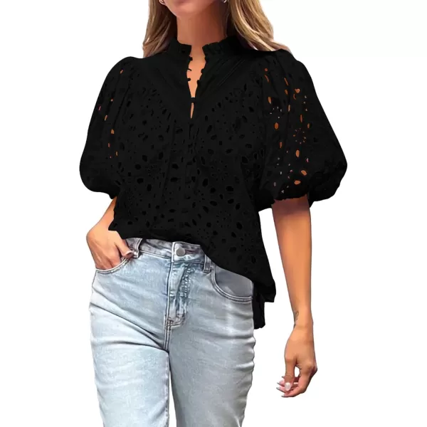 BTFBM Womens Casual Summer Blouse Tops Hollow Out Eyelet Embroidery V Neck Buttons Puff Short Sleeve Dressy Boho ShirtSolid Black