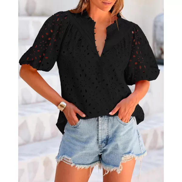 BTFBM Womens Casual Summer Blouse Tops Hollow Out Eyelet Embroidery V Neck Buttons Puff Short Sleeve Dressy Boho ShirtSolid Black
