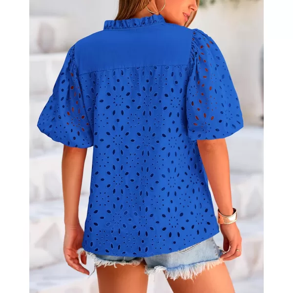 BTFBM Womens Casual Summer Blouse Tops Hollow Out Eyelet Embroidery V Neck Buttons Puff Short Sleeve Dressy Boho ShirtSolid Blue
