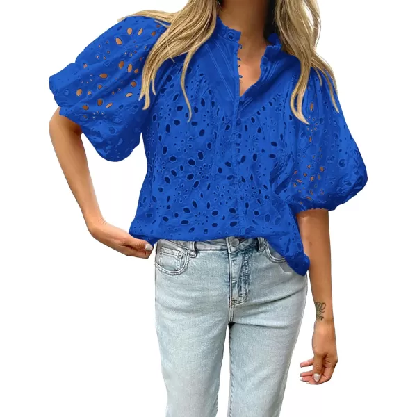 BTFBM Womens Casual Summer Blouse Tops Hollow Out Eyelet Embroidery V Neck Buttons Puff Short Sleeve Dressy Boho ShirtSolid Blue