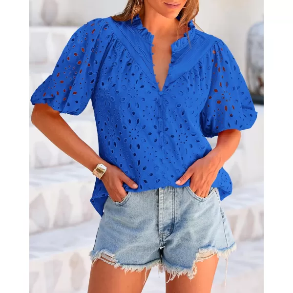 BTFBM Womens Casual Summer Blouse Tops Hollow Out Eyelet Embroidery V Neck Buttons Puff Short Sleeve Dressy Boho ShirtSolid Blue