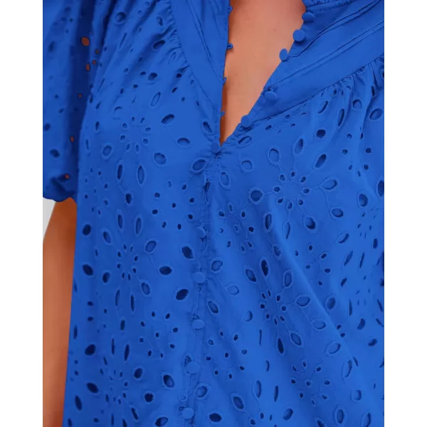 BTFBM Womens Casual Summer Blouse Tops Hollow Out Eyelet Embroidery V Neck Buttons Puff Short Sleeve Dressy Boho ShirtSolid Blue