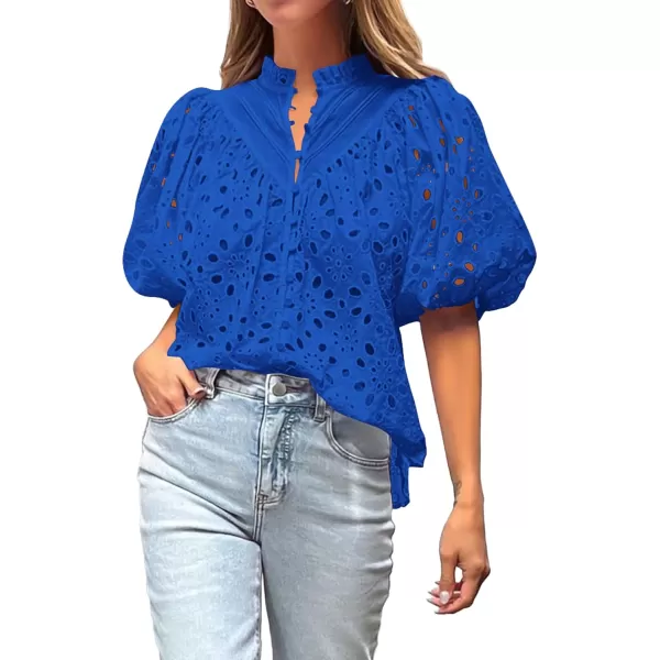 BTFBM Womens Casual Summer Blouse Tops Hollow Out Eyelet Embroidery V Neck Buttons Puff Short Sleeve Dressy Boho ShirtSolid Blue